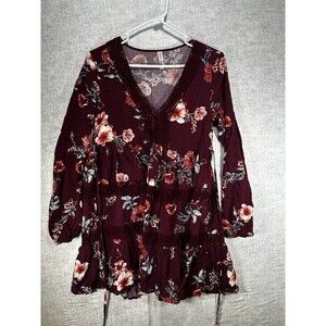 Xhilaration Maroon Floral print Long Sleeve V-neck Peasant Dress Size XS
